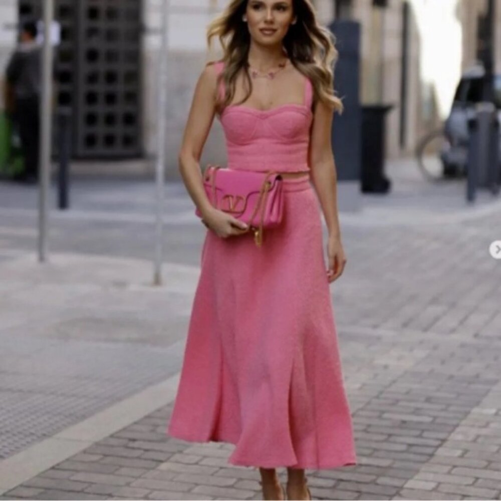 NWT ZARA Textured Tweed Flared Hem Candy Pink Long Skirt 2929/469/633 Size XL‎